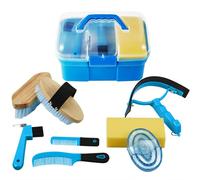 Cunhill 9 Pieces Horse Grooming Kit Tack Room Supplies Set with Organizer Tote Box, Oval Massage Curry, Hard and Soft Brush, Hoof Pick, Sweat Scraper, Bathing Sponge, Combs for Horse Riders Beginners