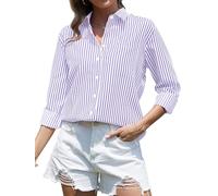 CUNLIN Grade 4 Wrinkle-Resistant Women's Button Down Shirts Striped Long Sleeve Collared Blouses Tops with Pocket, 00113_lavender, XL