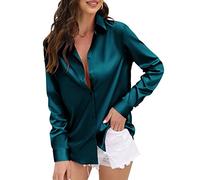 CUNLIN Womens Soft Satin Silk Button Down Shirts for Women Silky Long Sleeve Work Shirt Dress Blouses Tops, 935_blue Green, S