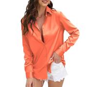 CUNLIN Womens Soft Satin Silk Button Down Shirts for Women Silky Long Sleeve Work Shirt Dress Blouses Tops, 935_orange, L