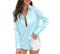 CUNLIN Womens Soft Satin Silk Leopard Button Down Shirts for Women Silky Long Sleeve Work Shirt Dress Blouses Tops, 935_sky Blue, XXL