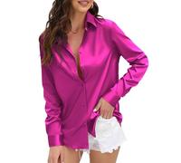 CUNLIN Womens Soft Satin Silk Leopard Button Down Shirts for Women Silky Long Sleeve Work Shirt Dress Blouses Tops, 935_Purple Rose, M