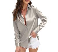 CUNLIN Womens Soft Satin Silk Leopard Button Down Shirts for Women Silky Long Sleeve Work Shirt Dress Blouses Tops, 935_silver Grey, S