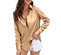 CUNLIN Womens Soft Satin Silk Leopard Button Down Shirts for Women Silky Long Sleeve Work Shirt Dress Blouses Tops, Khaki, XL