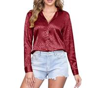 CUNLIN Womens Soft Satin Silk Leopard Button Down Shirts for Women Silky Long Sleeve Work Shirt Dress Blouses Tops, Leopard Wine Red, M