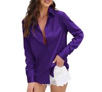 CUNLIN Womens Soft Satin Silk Leopard Button Down Shirts for Women Silky Long Sleeve Work Shirt Dress Blouses Tops, 935_dark Purple, M