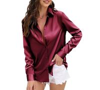 CUNLIN Womens Soft Satin Silk Leopard Button Down Shirts for Women Silky Long Sleeve Work Shirt Dress Blouses Tops, 935_wine Red, XL