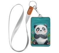 Cunning Cartoon Panda Turquoise Leather Name Badge Holders with Lanyard and 3-Card Capacity Card Holder for Office School IDs,Hotel Key Cards, Pass Cards