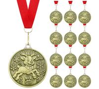 Cunno 12 Pcs Christmas Medals Bulk 2 Inches Gold Christmas Reindeer Medals with Red Lanyard Winner Award Gifts for Xmas Reindeer Winter Party Stocking Stuffers Gifts