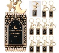 Cunno 12 Pcs Islamic Keychain Gifts Bulk Black Gold Plated Enamel Muslim Keychain Mini Quran with Hardship Comes Ease Stars Moon Charms Lobster Hook and Keyring Islamic Gifts for Women Men