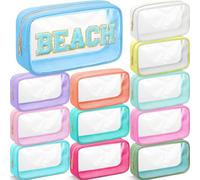 Cunno 12 Pcs Preppy Clear Cosmetic Bags Bulk Appreciation Gifts DIY Chenille Letter Makeup Pouch Transparent Beach Zipper Pouches PVC Travel Toiletry Organizer for Women