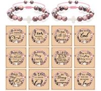 Cunno 12 Set Christian Cross Bracelets Bulk Religious Cross Beaded Bracelet for Women Men 12 Natural Beaded Stuffs Inspirational Cards Envelope Christian Jewelry Faith Gift(Chic Style,Pink)
