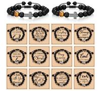 Cunno 12 Set Christian Cross Bracelets Bulk Religious Cross Beaded Bracelet for Women Men 12 Natural Beaded Stuffs Inspirational Cards Envelope Christian Jewelry Faith Gift(Chic Style,Black)