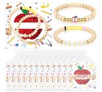Cunno 12 Sets Back to School Teacher Gifts Appreciation First Day of School Gift Apple Wooden Beaded Bracelets Set Thank You Teach Bracelets with Card for Men Women Birthday Retirement Present