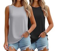 Cunno 2 Pack Women's Sleeveless Tank Tops Clothing, Woman Clothes Casual Loose Fit T Shirts Solid Color Tunic Crew Neck Summer Shirts Tee, Light Grey, Black, M