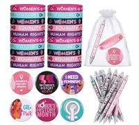 Cunno 200 Pcs Women's History Month Accessories Set Include Women Empowerment Feminist Silicone Bracelet Pens Pins Gift Bags for Campaign Support Female Awareness Inspirational Party Decor supplies