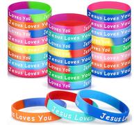 Cunno 24 Pcs Jesus Loves You Silicone Wristbands 12 Styles Colorful Christian Rubber Bracelets Religious Inspirational Bracelets Church Gifts for Men Women Teens Adults School Party, Mixed Colors