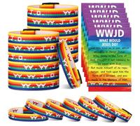Cunno 24 Sets/ 48 Pcs WWJD Bracelets with Bible Verse Cards, Philippians 2: 5-7 What Would Jesus Do Woven Wristband Christian Adjustable Rainbow Wristbands Religious Gift for Vbs Church Group