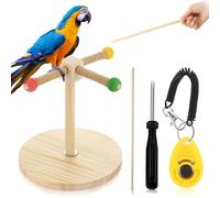 Cunno 3 Pcs Bird Training Stand Kit, Parrot Training Clicker Portable Tabletop Bird Perch and Target Stick, Wooden Spin Perch Clickers with Wrist Strap for Parakeet Conure Lovebird Cockatiel (Spin)