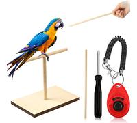 Cunno 3 Pcs Bird Training Stand Kit, Parrot Training Clicker Portable Tabletop Bird Perch and Target Stick, Wooden Spin Perch Clickers with Wrist Strap for Parakeet Conure Lovebird Cockatiel
