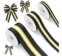 Cunno 3 Rolls Black Gold and White Stripe Grosgrain Ribbon Decorating Material Double Face Polyester Ribbon for Veterans Day Home DIY Gift Package Wrapping Crafts, 0.4, 0.87, 1.5 Inch Wide, 15 Yard