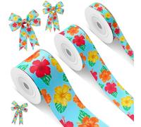 Cunno 3 Rolls Summer Hibiscus Grosgrain Ribbon Decorating Material Flower Wired Tropical Ribbon Party Accessory for Hawaiian Luau Home DIY Gift Wrapping Crafts Board, 0.4, 0.87, 1.5 Inch Wide, 15 Yard