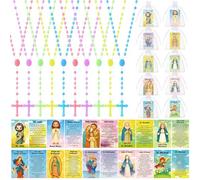 Cunno 30 Pack Catholic Religious Gifts Set Include Holy Prayer Cards Saints Prayer Bead Necklace Cross Rosary Necklace Bulk and Organza Bags for First Communion Baptism Catholic Schools Week Gift