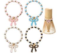 Cunno 4 Pcs Matcha Chasen Charm Decorative Chain Set with Cherry Blossom Charm Elastic Rope for Bamboo Matcha Whisk Tea Accessories Tea Party Decor Birthday Gift (Classic Color,Bow)