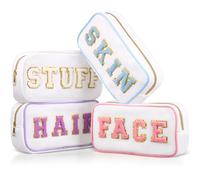 Cunno 4 Pcs Preppy Makeup Bag Chenille Letter Nylon Cosmetic Bag Makeup Bag Toiletry Cosmetic Case Preppy Bag with Zipper Stuff Bag Cosmetic Pouch Makeup Pouch for Women Girl, White Set, Vivid