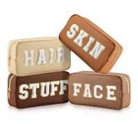 Cunno 4 Pcs Preppy Makeup Bag Chenille Letter Nylon Cosmetic Bag Makeup Bag Toiletry Cosmetic Case Preppy Bag with Zipper Stuff Bag Cosmetic Pouch Makeup Pouch for Women Girl, Brown Set