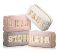 Cunno 4 Pcs Preppy Makeup Bags Chenille Letter Stuff Bag Nylon Cosmetic Pouch Cases with Zipper for Women Travel Toiletry, Light Apricot, Soft