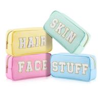 Cunno 4 Pcs Preppy Makeup Bags Chenille Letter Stuff Bag Nylon Cosmetic Pouch Cases with Zipper for Women Travel Toiletry, Pastel Colors, Vivid