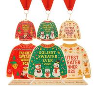 Cunno 6 Pcs 2025 Christmas Ugly Sweater Medal and Ugly Christmas Sweater Trophy Award Contest Medals with Neck Ribbon Wooden Funny Trophy Game Prizes for Xmas Party Decorations Tree Ornament
