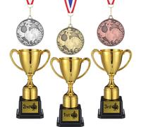 Cunno 6 Pcs Thanksgiving Turkey Medals and Trophies Set Include 2 Inch 3 Pcs Gold Silver Copper Turkey Medals and 7 Inch 3 Gold Plastic Trophies with 3 Sticker for Thanksgiving Party Favors