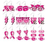 Cunno 9 Pairs Wooden Breast Cancer Awareness Football Earrings for Women Pink Ribbon Football Drop Dangle Sports Earrings Jewelry Gifts