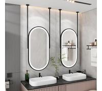 CuNtoHHH 3 Colors Dimmable Oval LED Bathroom Mirror Ceiling Hanging Dressing Table Mirror Makeup Shaving Mirror with Black Metal Frame and Double Arm