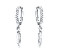 CUOKA MIRACLE Silver Feather Earrings 925 Sterling Silver Small Hoop Earrings for Women Cubic Zirconia Huggie Hinged Dangle Feather for Men