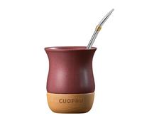 Cuopru 8 fl oz Ceramic Yerba Mate Cup with Original Wooden Base, Includes Mate Gourd, Bombilla Straw and Cleaning Brush - Perfect for Traditional Yerba Mate and Modern Style