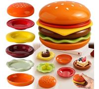CUOSTU Stackable Burger Plate Set, 6PCS 10cm Burger Stacking Plates, Ceramic & PP Options, Raised Base Stable Stack, Smooth Edge Dishwasher Safe Burger Plates Set for Dips Snacks BBQ Party (Ceramic)