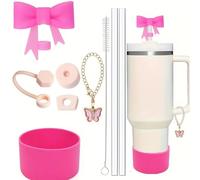 Cup Accessories for Stanley,9 Piece Leak-Proof Straw Brush Cup Cover with Bow Straw Cap, Butterfly Chain, Square & Round Leak-Proof Plugs, 2 Straws, 1 Straw Brush, and Silicone Protective Cover