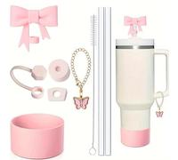 Cup Accessories for Stanley - 9-Piece Leak-Proof Straw Brush Cup Cover with Bow Straw Cap, Butterfly Chain, Square & Round Leak-Proof Plugs, 2 Straws, 1 Straw Brush, and Silicone Protective Cover