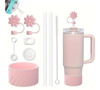 Cup Accessories for Stanley Cup Includ Cup Straw Cover Silicone Spill Proof Stopper,Water Bottle Grip Strap,Eyedropper Brush Silicone Straw Cover Boot,Suitable for Stanley Cup 40 oz/30 oz(Pink)