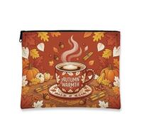 Cup Canvas with Zipper, Cozy Seasonal Leaves Pumpkins Fall Orange Portable with Zipper Small Toiletry Bag for Travel, Purse, Bathroom, Vanity and Daily Storage, Orange, 7x9 Inch, Cozy