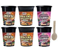 Cup Noodles Selection Pack 3 Varieties 2 of each Flavour. 6 Great, Quick Snacks for On The Go meals. Chicken Curry, Special Chick Oriental Beef with Kingdom Supplies Spoon