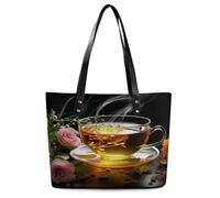 Cup Of Tea Tote Bag Large Soft Leather Purse with Zipper Lightweight Ladies Shoulder Handbag