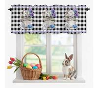 Cup Rabbit Valance Curtain Easter Watercolor Tea Cup Bunny Floral Black White Plaid Window Valances Rod Pocket Short Curtains Window Treatments for Kitchen Bedroom Bathroom Laundry 56" x 16"