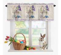 Cup Rabbit Valance Curtain Easter Watercolor Tea Cup Bunny Floral Linen Texture Window Valances Rod Pocket Short Curtains Window Treatments for Kitchen Bedroom Bathroom Laundry 42" x 12"