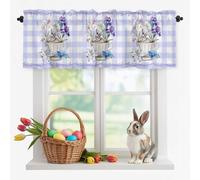 Cup Rabbit Valance Curtain Easter Watercolor Tea Cup Bunny Floral Purple Plaid Window Valances Rod Pocket Short Curtains Window Treatments for Kitchen Bedroom Bathroom Laundry 56" x 16"