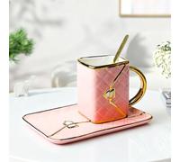 Cup Saucer Set with Saucer and Spoon, Coffee Mug Ceramic Cup, 310 ml, Cappuccino Cups, Mocha Cup Gift for Mother, Girlfriend, Birthday, Valentine's Day (Pink)