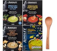 Cup Soup bundle contains Broccoli & Stilton, Szechuan Hot & Sour, Cream of Wild Mushroom, Sweet and Spicy Carribean, Total of 12 Sachets, Wooden Spoon